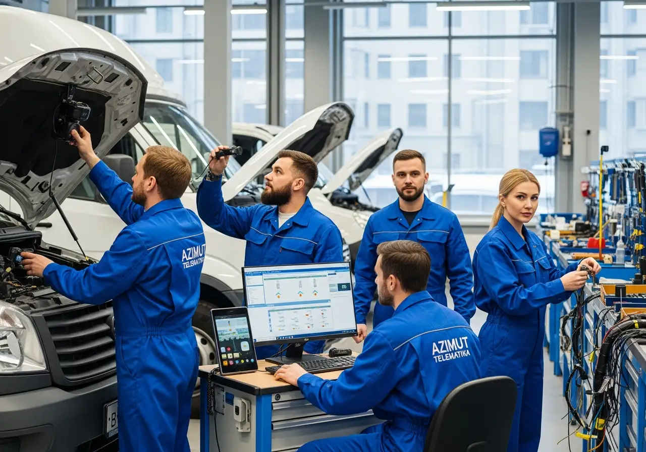 Сотрудники мастерской за работой: монтаж оборудования в автомобиле в светлом боксе