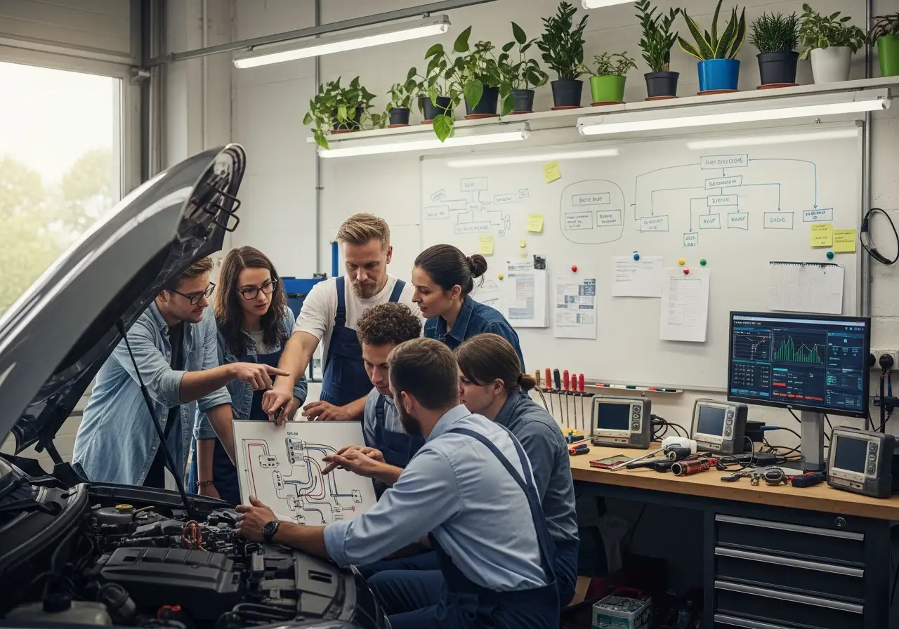 Команда из 6 человек в рабочем гараже, обсуждает схему подключения оборудования у легкового автомобиля. Видны инструменты, монитор с интерфейсом Wialon, белая доска с заметками и растения на полках. Естественный дневной свет из окон.